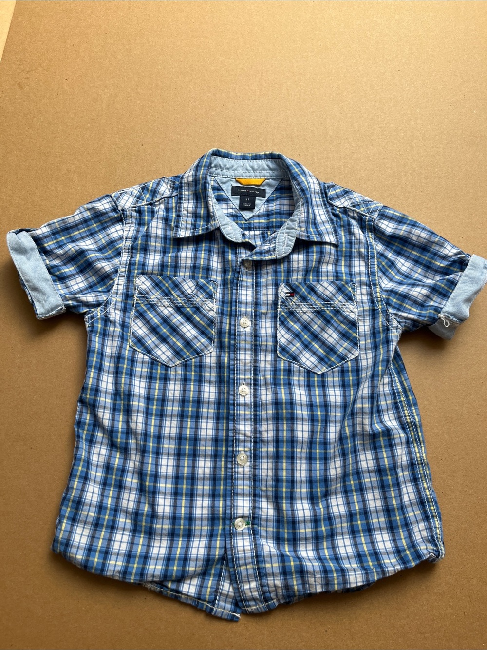 Tommy Hilfiger Boys Blue Plaid Button Down Shirt Epaulets 3T